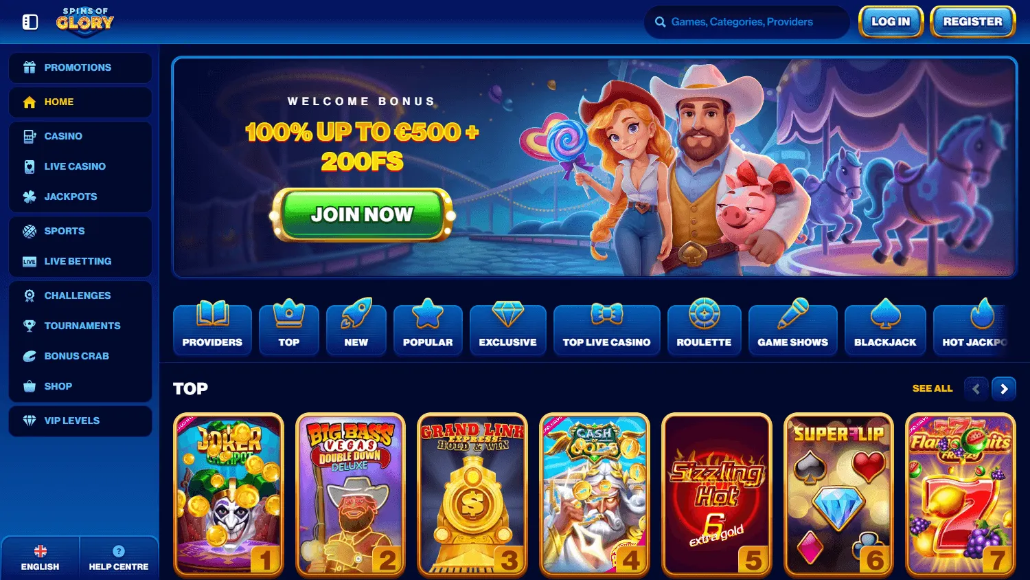 Spins Of Glory Casino home page on desktop