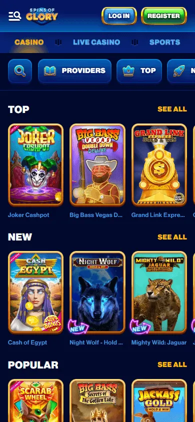 Spins Of Glory Casino games area on a mobile browser