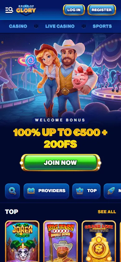 Spins Of Glory Casino home page on a mobile browser