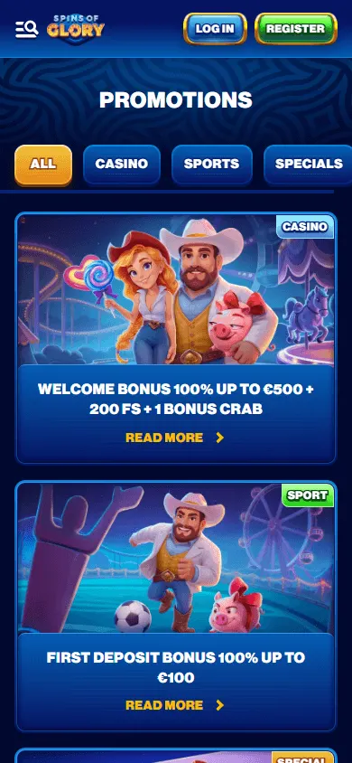 Spins Of Glory Casino promotions area on a mobile browser