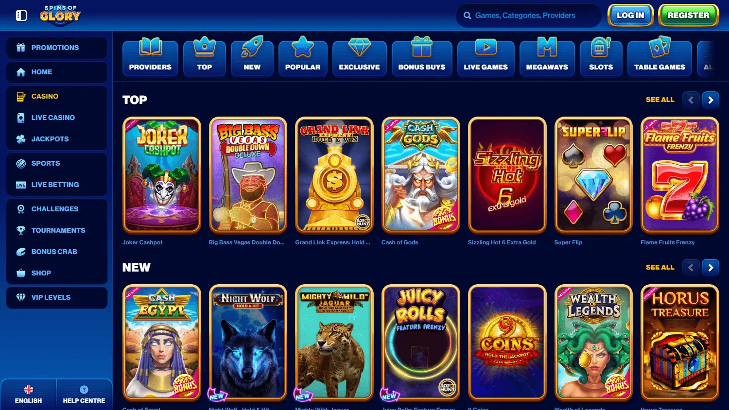Spins Of Glory Casino games area on desktop